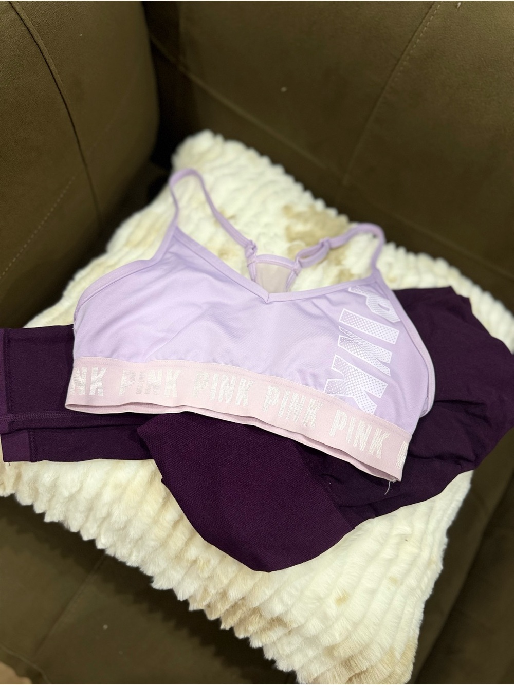 PINK Victoria's Secret Lavender and Deep Purple Sports Bralette Set with leggins